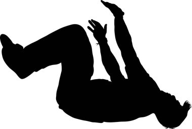 Bir kişinin silueti ters takla atıyor, dinamik hareket ve atletizm sergiliyor. Eylem, spor veya fitness temaları için mükemmel.