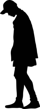 Şapka ve uzun bir palto giymiş, başı eğik yürüyen bir insan silueti. Görüntü, beyaz arkaplana karşı koyu siyah bir figür..