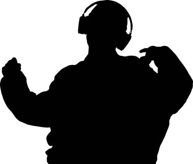 Kulaklık takan, hareketli hareketler yapan bir kişinin silueti. Müzik, performans veya konsantrasyonu temsil eden güçlü bir resim.