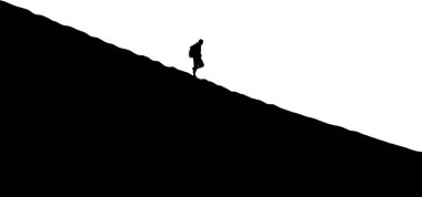 Parlak bir gökyüzüne karşı dik bir dağ yamacına tırmanan bir yürüyüşçünün silueti. Azim ve başarının güçlü bir görüntüsü..