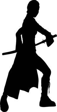 Dinamik bir pozda yakalanmış, elinde katana tutan savaşçı bir kadının silueti. Güç, beceri ve kararlılık öneren güçlü bir görüntü..