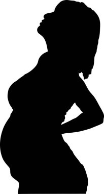 Hamile bir kadının silüeti nazikçe arkasını tutuyor, hamilelik rahatsızlığı ya da sırt ağrısı olduğunu gösteriyor. Hamileliğin fiziksel değişimlerini ve potansiyel zorluklarını temsil eden dokunaklı bir görüntü.