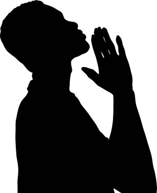 Dua eden bir insanın silueti, başını arkaya eğmiş, elleri yalvarırken kenetlenmiş. İnancın ve bağlılığın güçlü bir görüntüsü..