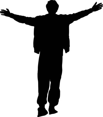 Şeffaf bir arkaplan karşısında kolları açık duran siyah bir siluet. Poz açıklığı, mutluluğu ya da kabulü gösteriyor..