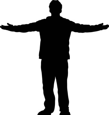 Bir insanın siluetinin vektör çizimi, kollar ardına kadar açık, hoş geldin, kucak açma ya da kabullenme önerisi. Şekil, şeffaf bir arkaplan karşısında tam görünümde sunuluyor.