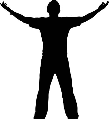 Siyah bir siluet, kolları açık, beyaz bir arka plan üzerine kurulmuş. Şekil basit, açıklık ve hoşgörü hissi veriyor..