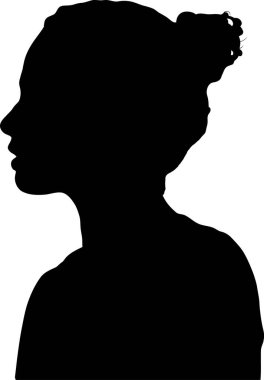 Bir kişinin profil siluetinin vektör çizimi, şeffaf bir arkaplan üzerine kurulmuş bir çörek saç stili. Görüntü, kişinin kafasının ve omuzlarının basit ve zarif bir gösterimidir..