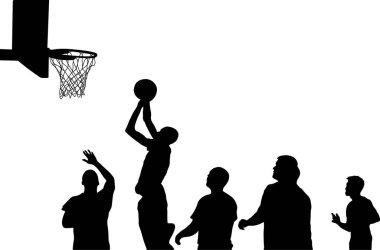Beş siluetli basketbol oyuncusu eylem halinde gösteriliyor; biri atışta, diğerleri izliyor. Beyaz arkaplana karşı dinamik bir vektör çizimi.