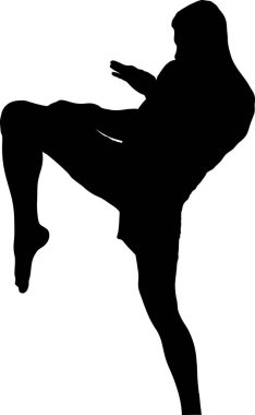 Dinamik bir siyah siluet, dövüşen bir kişi, yüksek bir tekme sergiliyor. Şekil, çeşitli tasarım uygulamaları için ideal şeffaf bir arkaplan karşısındaki eylemin ortasında yakalanır.