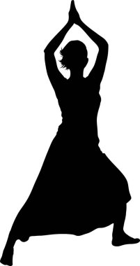 Yoga ya da meditasyon pozu veren, uzun elbiseli, çarpıcı siyah bir siluet. Resim, çeşitli tasarım uygulamaları için ideal şeffaf bir arkaplan karşısında ayarlanır.