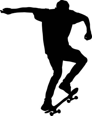 Yeteneğini ve dengesini gösteren dinamik siyah bir kaykay silueti. Görüntü, tasarım projeleri için mükemmel, şeffaf bir arkaplanı olan bir vektör illüstrasyonudur..