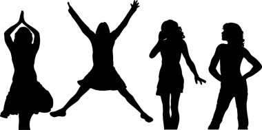 Dört siyah kadın siluetinin yer aldığı bir vektör çizimi. Her kadın farklı pozlarda tasvir ediliyor, farklı davranış ve ruh hallerini gösteriyor. Görüntü basit ve çarpıcı, biçim ve duruşa odaklanmış..