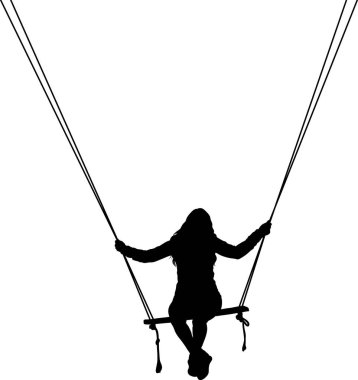 Şeffaf bir arkaplanda salıncakta oturan birinin siyah siluet vektör çizimi. Görüntü sakin bir eğlence ve neşe anı yakalar..