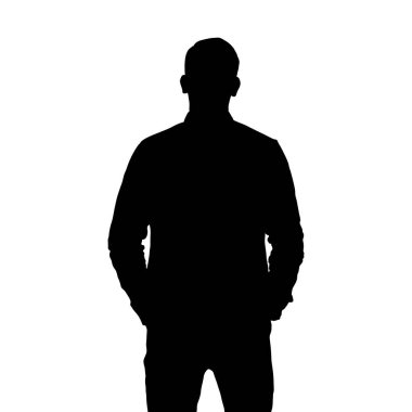 Siluetli bir insan elleri ceplerinde sağlam beyaz bir zemin üzerinde duruyor, güçlü bir şekil alıyor, şekil ve ana hatları vurguluyor, basit ama etkili bir görsel ifade yaratıyor..