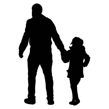 Silüet bir görüntü, bir baba ve kızın el ele yürüdüğünü gösteriyor. Beyaz bir arkaplana karşı koyu siyah olarak tasvir edilen çift, bağlantı, sevgi ve aileyi simgeliyor..