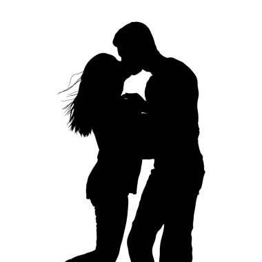 Bir siluet, bir erkekle bir öpücüğe kilitlenmiş bir kadın arasında samimi bir an sergiler. Biçimleri düz beyaz bir arkaplan ile zıt, çarpıcı bir görsel etki yaratıyor..