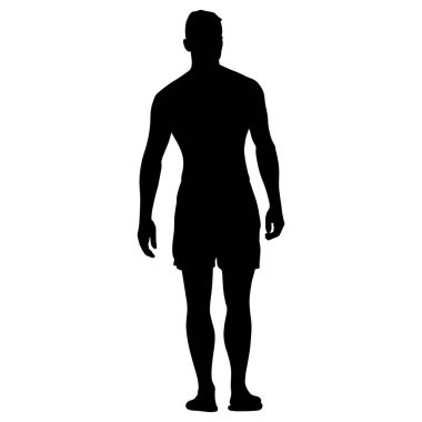 Üstsüz bir adamın silueti öne bakıyor, atletik bir fiziği var. Beyaz arka planda duran bir şort giyiyor. Görüntü sağlık ve uygunluğu yakalar..