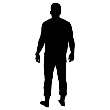 Bu görüntü, ayakları görünür bir şekilde duran bir adamın tam siluetini gösteriyor. O, pantolon ve bir gömlek giyerken tasvir edilir. Şekil, çarpıcı bir karşıtlık sağlayan beyaz bir arkaplana göre ayarlanır.