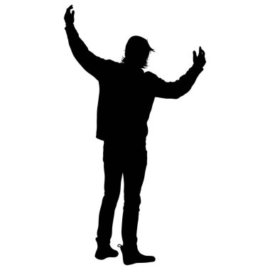 Bu görüntü, iki kolu da havada bir insanın saf bir siluetini gösteriyor. Şekil, siyah şekli vurgulayarak, temiz beyaz bir zemin üzerine kurulur. Bu görsel derinlik ekler. 