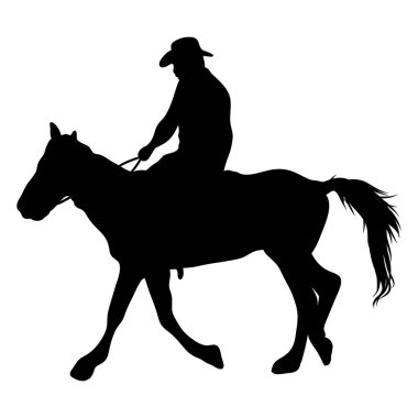 Bu görüntü, at sırtındayken şapka takan bir insanın siluetini gösteriyor. At düz beyaz bir zeminde koşuyor gibi görünüyor..