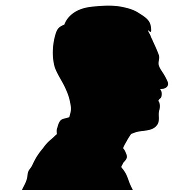 Bu resim profilde bir adamın yüzünün siluetini gösteriyor. Siyah figür parlak beyaz arkaplanla çelişiyor, cesur ve basit bir sanatsal grafik oluşturuyor..