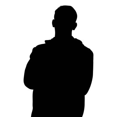 Bu, beyaz bir arkaplanda silueti olan birinin basit bir stüdyo fotoğrafı. Denek kollarını kavuşturmuş duruyor. İsimsiz bir figür, basit ve temiz.. 