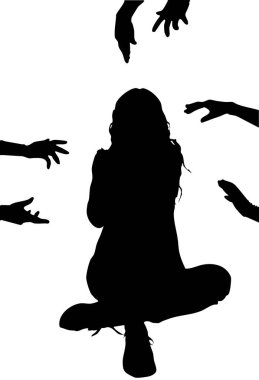 Siluetli bir figür çapraz bacaklı bir pozisyonda oturur, birkaç el içeri uzanır. Monokrom görüntü hassasiyet, tehdit ve potansiyel kriz temalarını iletir.