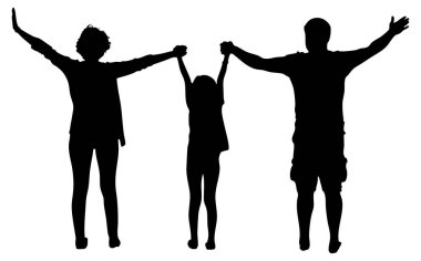 İki ebeveynin ve bir çocuğun el ele tutuşup kollarını havaya kaldırarak ortak bir mutluluk ve neşe anını kutladıkları bir ailenin silueti.. 