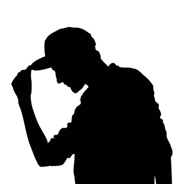 Bir insan silueti, muhtemelen erkek, şapka takıyor. Kafa aşağı doğru eğilmiş ve bir el şapkanın kenarını tutuyor. Arkaplan düz beyaz, katıksız kontrast.