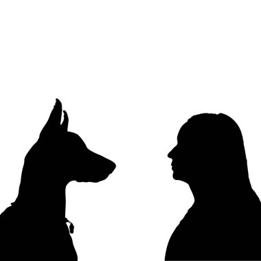 Bir insanın ve bir köpeğin saf siyah siluetleri parlak beyaz bir arkaplanda göze çarpar. Siluetler yüz yüze bir karşılaşmada karşı karşıya gibi görünüyor..