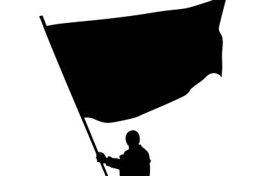 Bir siluet büyük bir bayrak tutan bir kişiyi tasvir eder. Bu ayar, beyaz arka plan, hareket ve sembolizme karşı bir protesto ya da gösteri gibi görünüyor..