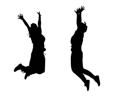 İki siluetli figür kollarını havaya kaldırarak atlıyor. Arkaplan bembeyaz. Kadınlar coşkulu bir neşe sergiliyor, özgürleşme ve canlılık anında havada yakalanıyorlar..