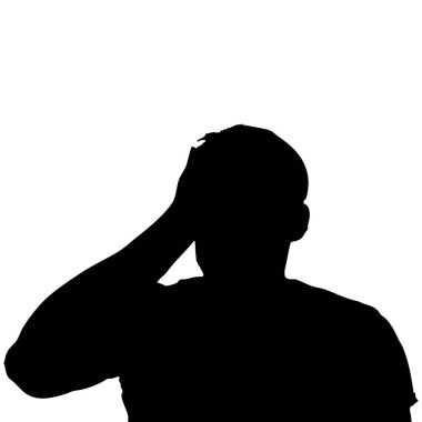Bu siluet, eli kafasına dokunan bir insanı tasvir ediyor. Bireyler stres, kafa karışıklığı ya da bir düşünceyi yansıtıyor olabilirler. Düz bir arkaplanda izole edilmiş.