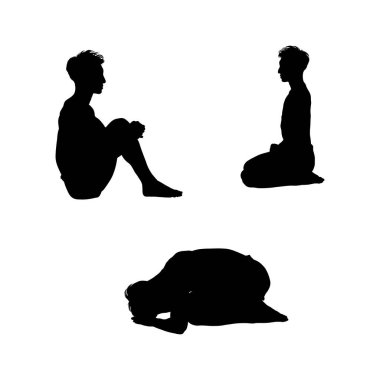 Beyaz Arkaplanda Oturan, Diz Çöken ve Fetal Pozisyonlarda Adamın Silüeti