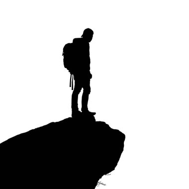 Sırt çantasıyla Rocky Cliff 'in üzerinde duran Yürüyüşçünün Silueti
