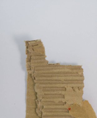 Yırtık kahverengi bir karton parçasının yakın çekim makrosu pürüzlü dokusunu ve yatay çıkıntılarını gösteriyor. Karton parçası, lifli kenarlarını ve katmanlı yapısını vurgulayan, temiz, sade beyaz bir zemin üzerine kurulur..