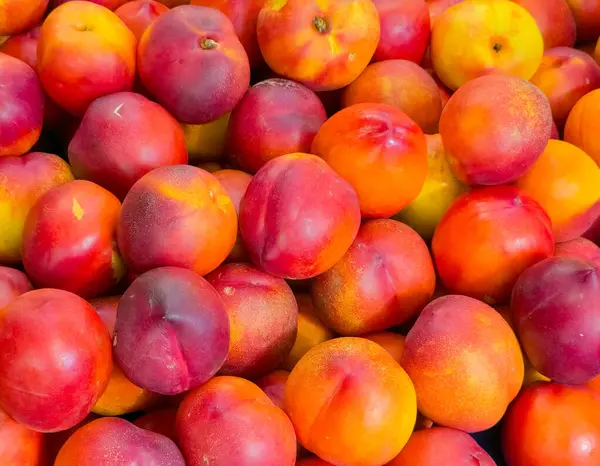 Pürüzsüz, kırmızı ve sarı derili taze nektarin yığınının yakın çekimi, doğal renklerini ve dokusunu gösteriyor. Düzenleme, meyvenin olgunluğunu ve sulandırıcılığını vurguluyor ve sağlıklı beslenme gibi kavramlar için ideal hale getiriyor.