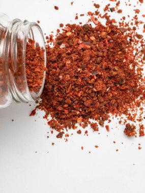 A close-up photo of crushed red pepper flakes spilling out from a glass jar onto a white surface. The vibrant red and brown colors emphasize the spicy texture, ideal for culinary, spice, and seasoning concepts.