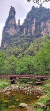Zhangjiajie, Çin - 11 Nisan 2025: Taştan yapılmış alçak ve kemerli köprü, Zhangjiajie Ulusal Orman Parkı 'nın arka planı olarak sayısız uzun ve ince kaya sütunu bulunan dar bir nehir boyunca uzanır.