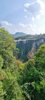 Zhangjiajie, Çin - 10 Nisan 2025: Şeffaf cam yüzeyi ile asma köprü doğrudan aşağıdaki kanyonun dağlık arazisini görmek için