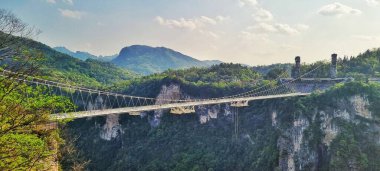 Zhangjiajie, Çin - 10 Nisan 2025: Şeffaf cam yüzeyi ile asma köprü doğrudan aşağıdaki kanyonun dağlık arazisini görmek için