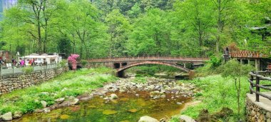 Zhangjiajie, Çin - 11 Nisan 2025: Taştan yapılmış alçak ve kemerli köprü, Zhangjiajie Ulusal Orman Parkı 'nın arka planı olarak sayısız uzun ve ince kaya sütunu bulunan dar bir nehir boyunca uzanır.