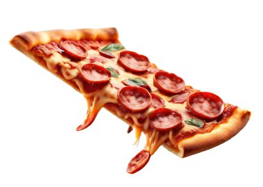 Bir dilim biberli pizza. Şeffaf arkaplanda bir dilim pepperoni pizza.. 