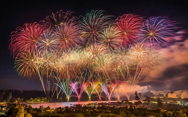 New year fireworks in the tropical area. New year celebration with fireworks. New year 2024