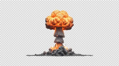 Şeffaf arka planda ateş ve alevlerle birlikte atomik patlama. Nükleer Patlama.