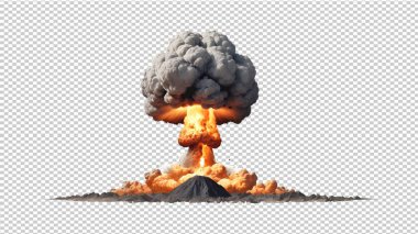 Şeffaf arka planda ateş ve alevlerle birlikte atomik patlama. Nükleer Patlama.