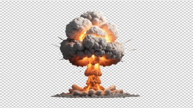 Şeffaf arka planda ateş ve alevlerle birlikte atomik patlama. Nükleer Patlama.