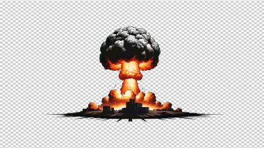 Şeffaf arka planda ateş ve alevlerle birlikte atomik patlama. Nükleer Patlama.