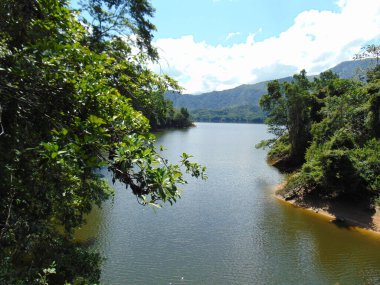Ormanlar ve dağlarla çevrili göl veya su deposu