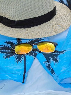 Plaja gitmek için aksesuarlar, gözlükler, şapkalar, yazılı palmiye ağaçları olan şortlar.